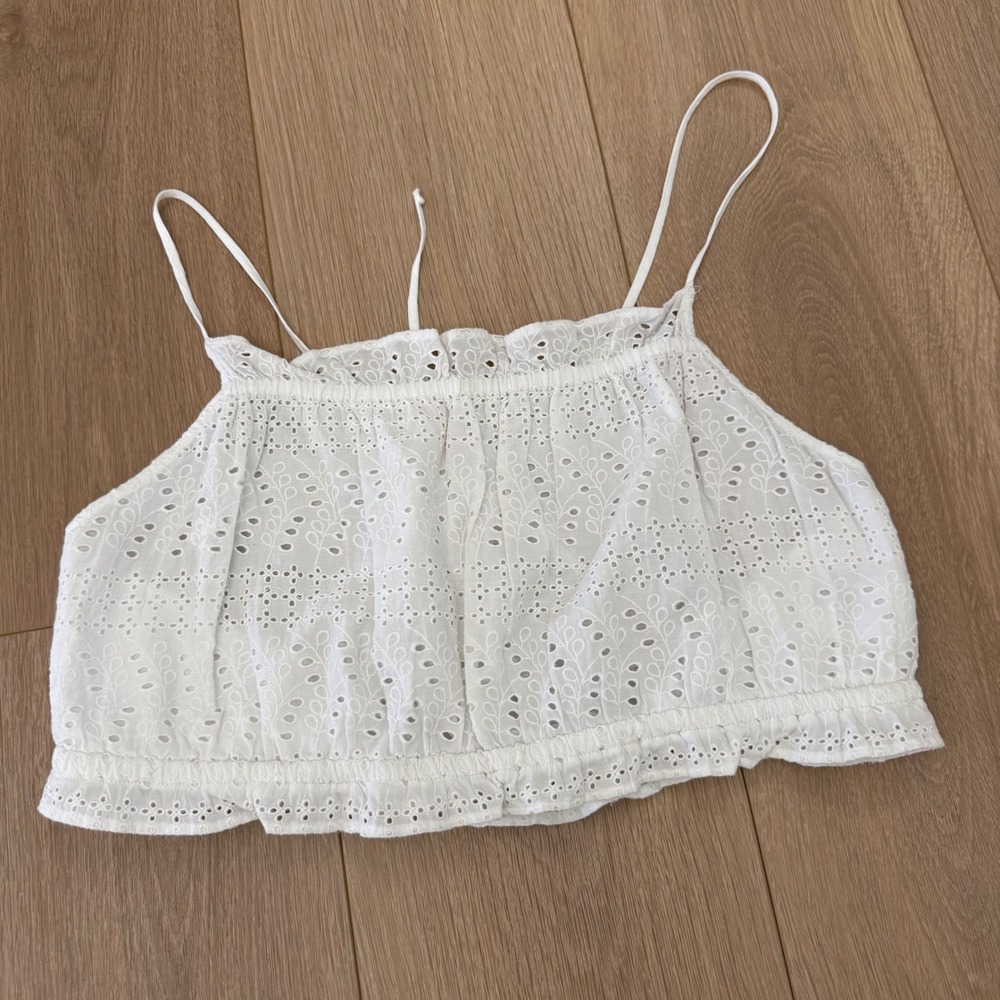 M17 American Eagle White Eyelet Lace Crop Top Spaghetti Strap Lace Up Back XL